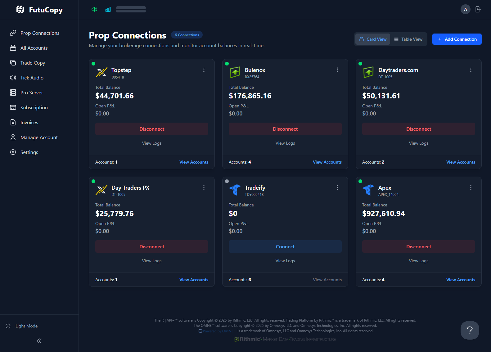 Futures trade copier dashboard interface
